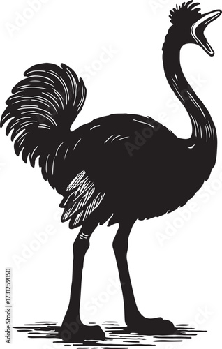 Silhouette of a large prehistoric bird with an open beak and long neck standing on a textured ground