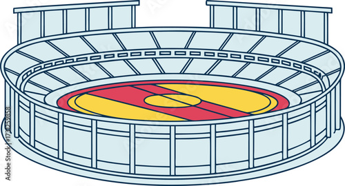Stylized illustration of a sports stadium with a yellow and red field sports arena