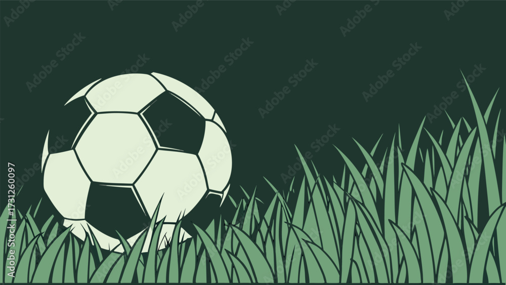 Fototapeta premium Stylized soccer ball resting in green grass on dark background football sport