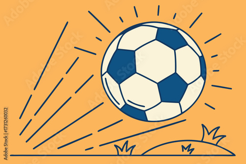Stylized soccer ball in motion with motion lines and grass on orange background football sport