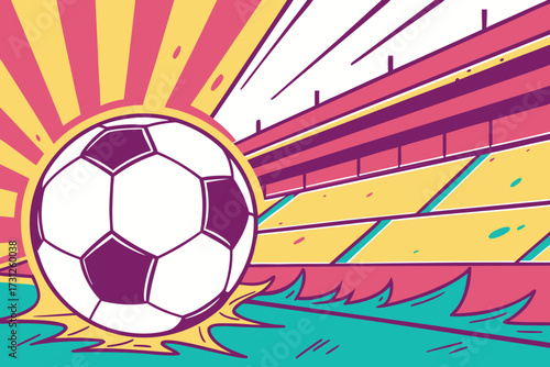 Stylized soccer ball on grass with stadium seating and sunburst football sport