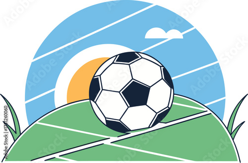 Stylized soccer ball on green field under sun and sky with clouds football sport