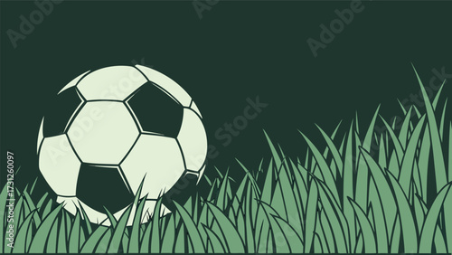 Stylized soccer ball resting in green grass on dark background football sport
