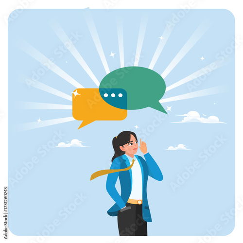 Information to make decision concept. Businesswoman think from listening to second opinion .