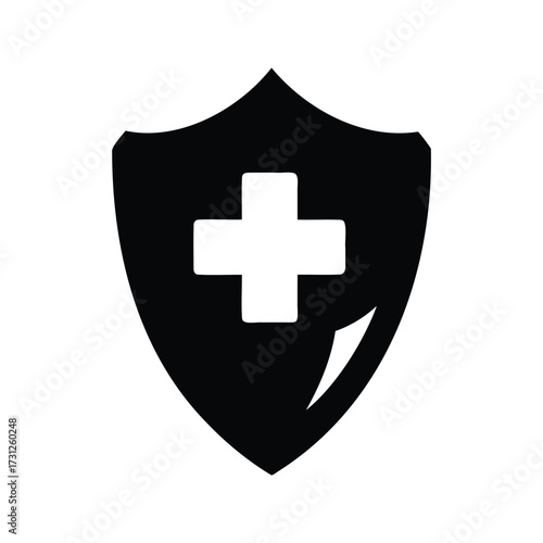 Black and white shield with a plus sign symbol, safety concept, medical shield icon silhouette vector illustration