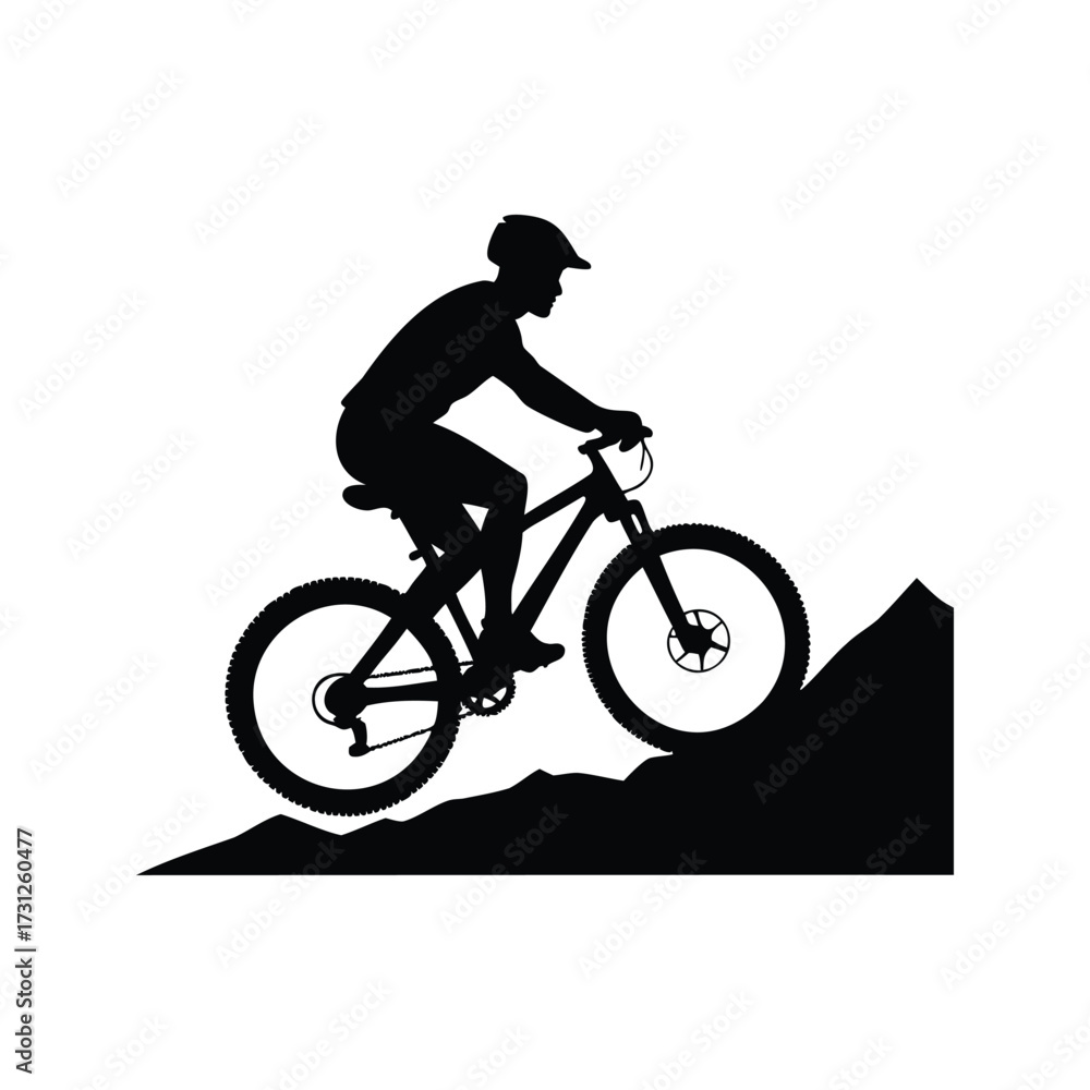 Fototapeta premium Silhouette of a mountain biker climbing uphill on a rugged terrain trail, mountain biking silhouette vector illustration