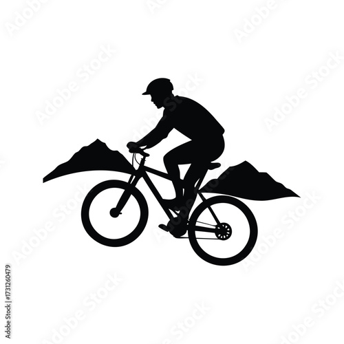 Silhouette of a mountain biker traversing rugged terrain with mountain backdrop, mountain biking silhouette vector illustration