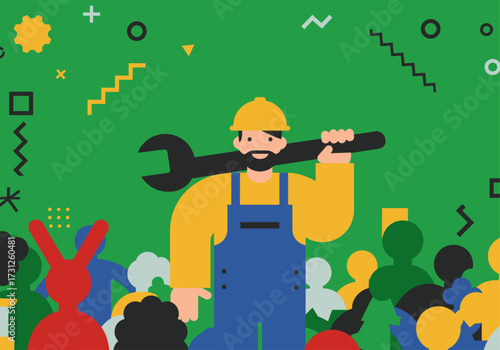 Skilled Worker with Wrench and Diverse Team in Modern Flat Illustration