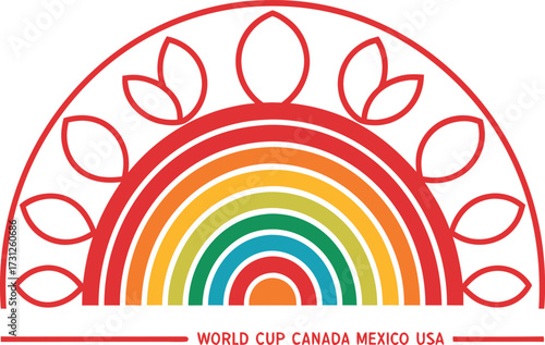 Vibrant rainbow arc with leaf motifs and World Cup Canada Mexico U S A text orange yellow
