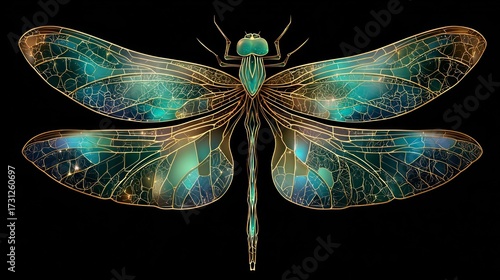 Dragonfly with iridescent wings on black background design element