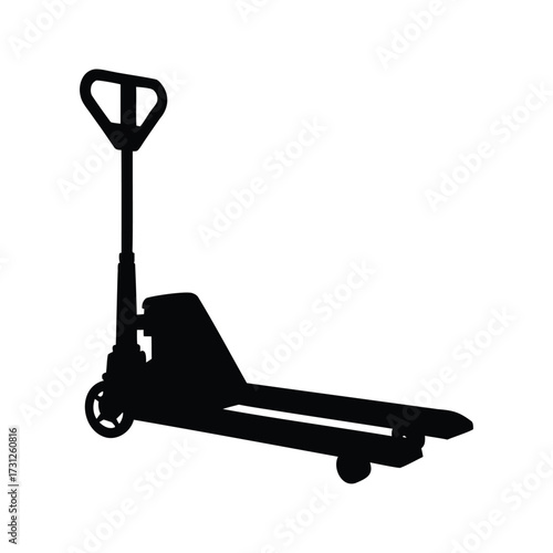 Black silhouette of a hand pallet truck used for lifting and moving pallets, pallet jack silhouette vector illustration