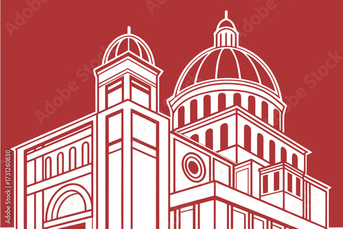 White line art of a domed building with arches on a red background architecture