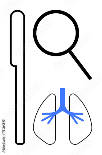 Test swab, magnifying glass, and lung diagram with blue airways reflecting respiratory health, diagnosis, examination. Ideal for healthcare, science, medicine, microbiology diagnostics anatomy