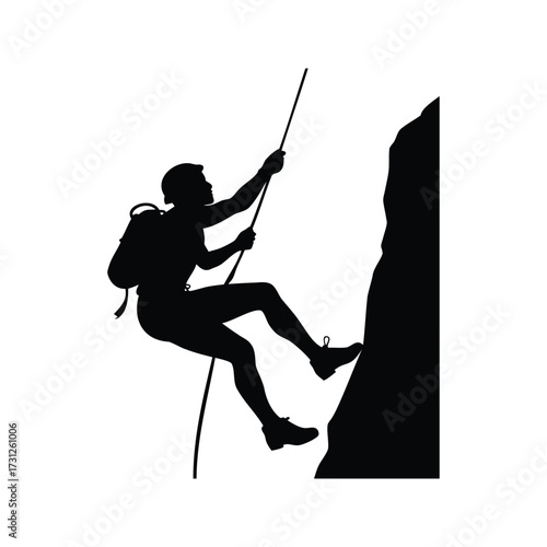Silhouette of a rock climber rappelling down a cliff face with gear, rock climbing silhouette vector illustration