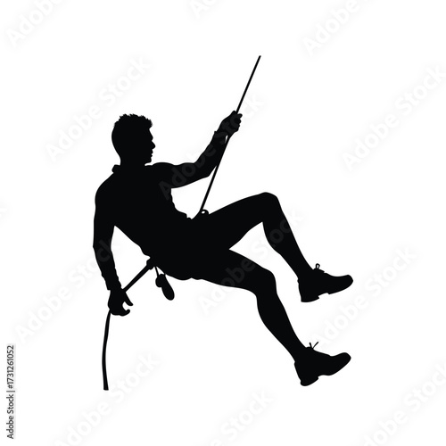 Silhouette of a man rappelling down a rope against white background, rock climbing silhouette vector illustration