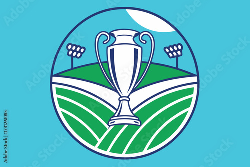White trophy on green field with stadium lights in circle logo award championship