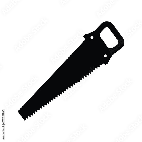 High contrast illustration of a hand saw tool with a black fill, saw silhouette vector illustration