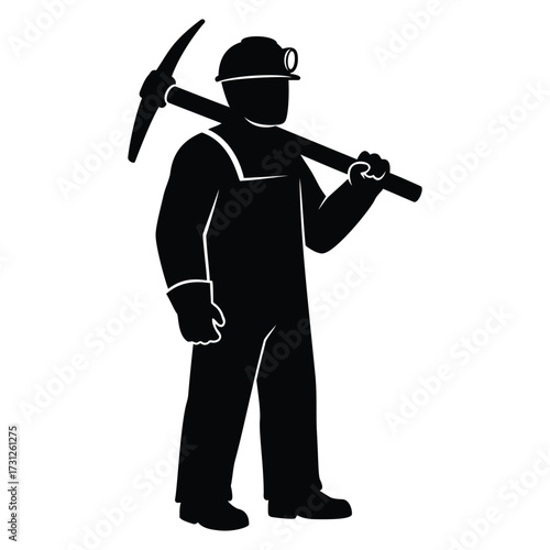 A miner in a hard hat holding a pickaxe, perfect for mining, construction, industry, and labor themes