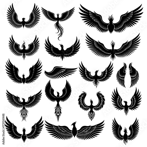 Collection of Black Silhouette Phoenixes with Spread Wings