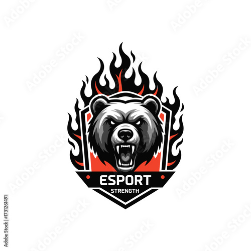 Fierce Bear Mascot Logo with Flames and Esport Strength Text