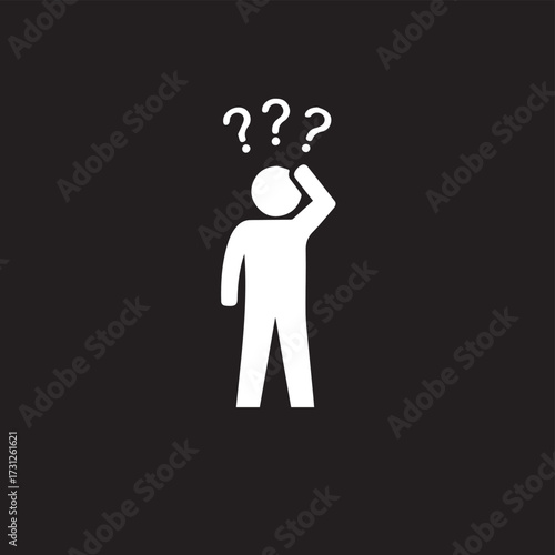 white icon on a black background. It depicts a stick-figure-like person with a hand to their head, as if in deep thought or confusion. Three question marks hover above their head.