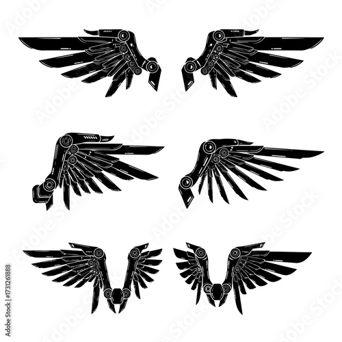 Mechanical Wings Set in Black and White Vector Illustration