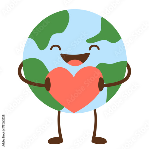 Cheerful Earth mascot holding big red heart, radiating warmth and positivity, perfect for love-themed, eco-friendly, or community campaigns.
