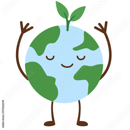 Calm Earth mascot with raised arms, radiating peace and hope, ideal for spiritual, eco-positive, or motivational design layouts.
