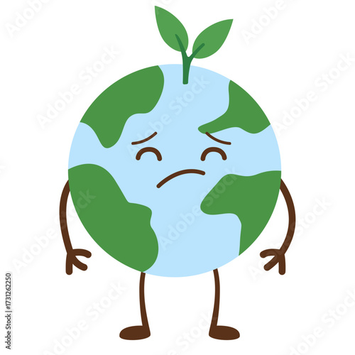 Sad Earth mascot with frowning face, symbolizing environmental distress, perfect for awareness, pollution, or climate crisis messaging.
