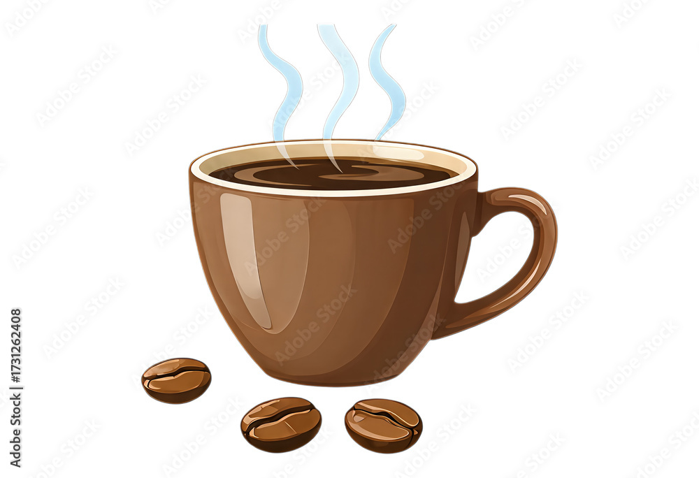 Obraz premium Brown Glossy Coffee Cup with Steam, On Transparent Background, Realistic Illustration for Web Design