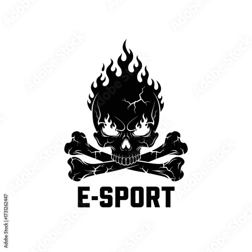 Flaming Skull and Crossbones E-Sport Logo Design in Black and White
