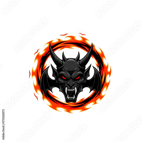 Fiery Black Devil Head with Horns and Wings