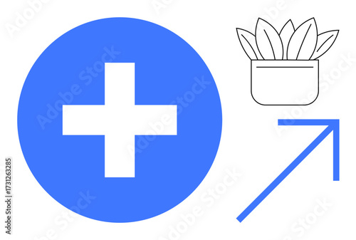 Blue circular cross, outlined plant in a pot, and upward arrow showing growth, health, and progress. Ideal for healthcare, wellness, sustainability, development positivity success simple flat