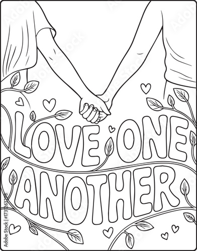 Christian bible verse coloring page with quote love one another and beautiful decoration black line art vector illustration outline coloring book design for kids and adults