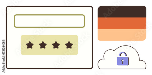 Interface with star rating input, color gradient block, and cloud with a lock. Ideal for data security, online feedback, user evaluation, customer satisfaction, internet safety, privacy user