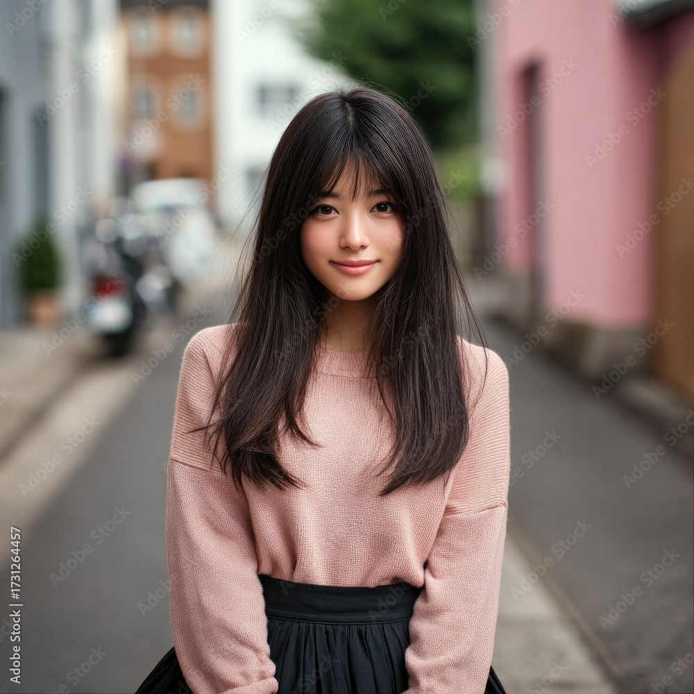 Fototapeta premium Young woman, long black hair, pink sweater, black skirt, standing on urban street, natural light, cheerful mood