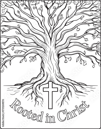Christian bible verse coloring page with quote rooted in christ and beautiful decoration black line art vector illustration outline coloring book design for kids and adults