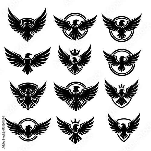 Black Eagle Logos with Spread Wings and Crowns