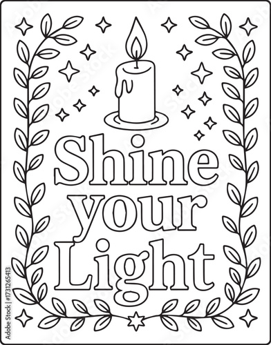 Christian bible verse coloring page with quote shine your light and beautiful decoration black line art vector illustration outline coloring book design for kids and adults
