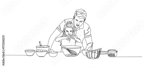 Continuous line drawing illustration of a father teaching his daughter how to crack an egg into a mixing bowl. The father gently guides her hands while cooking together at the kitchen table