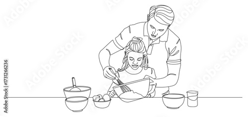 Continuous line drawing illustration of a father and daughter cooking together at home. The father gently guides his daughter as she whisks ingredients in a mixing bowl