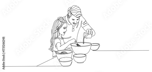 Continuous line drawing illustration of a father and daughter cooking together in the kitchen. The father is pouring an ingredient into a large mixing bowl while the daughter stirs with a whisk