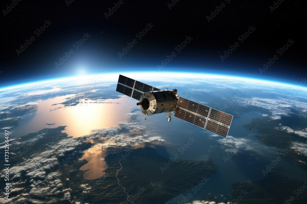 Obraz premium Satellites are seen over the earth space astronomy technology.