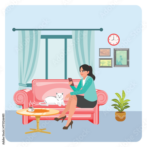 Relaxation lifestyle concept. Woman Relaxing on Pink Sofa with Cat at Home, Using Phone.