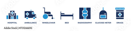 From Ambulances to Radiography Icons set vector illustration with HOSPITAL, AMBULANCE, WHEELCHAIR, BED, RADIOGRAPHY, GLUCOSE METER, DRUGS