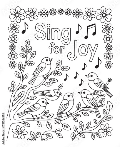 Christian bible verse coloring page with quote sing for joy and beautiful decoration black line art vector illustration outline coloring book design for kids and adults