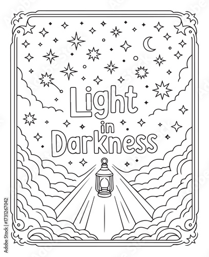 Christian bible verse coloring page with quote light in darkness and beautiful decoration black line art vector illustration outline coloring book design for kids and adults