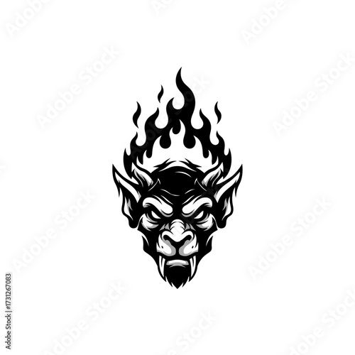 Fierce Demon Head with Flames, Black and White