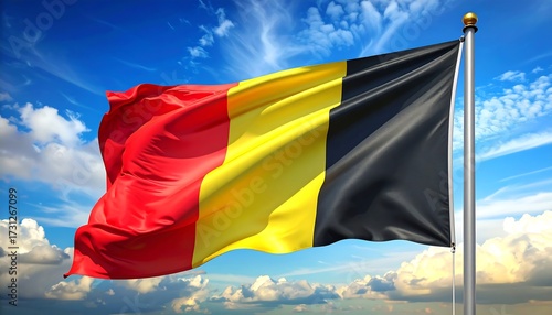 Belgian flag waving proudly against a vibrant blue sky with fluffy white clouds.