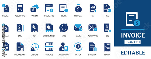 Invoice icon set. Featuring receipt, bill, tax, paid, statement, accounting, transaction, barcode, financial and more. Solid vector illustration icons. Perfect for apps, reports, and business use.